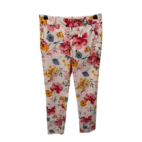 Zara Trouser Pants Womens‎ 2 White Floral Print Cotton Pockets - Picture 1 of 9
